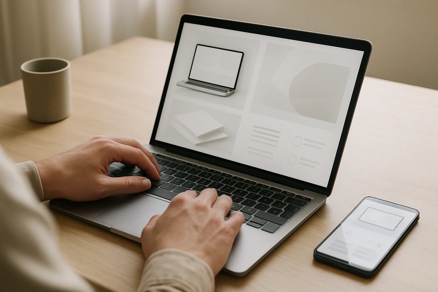 Une personne teste un site professionnel sur un ordinateur portable et un smartphone.