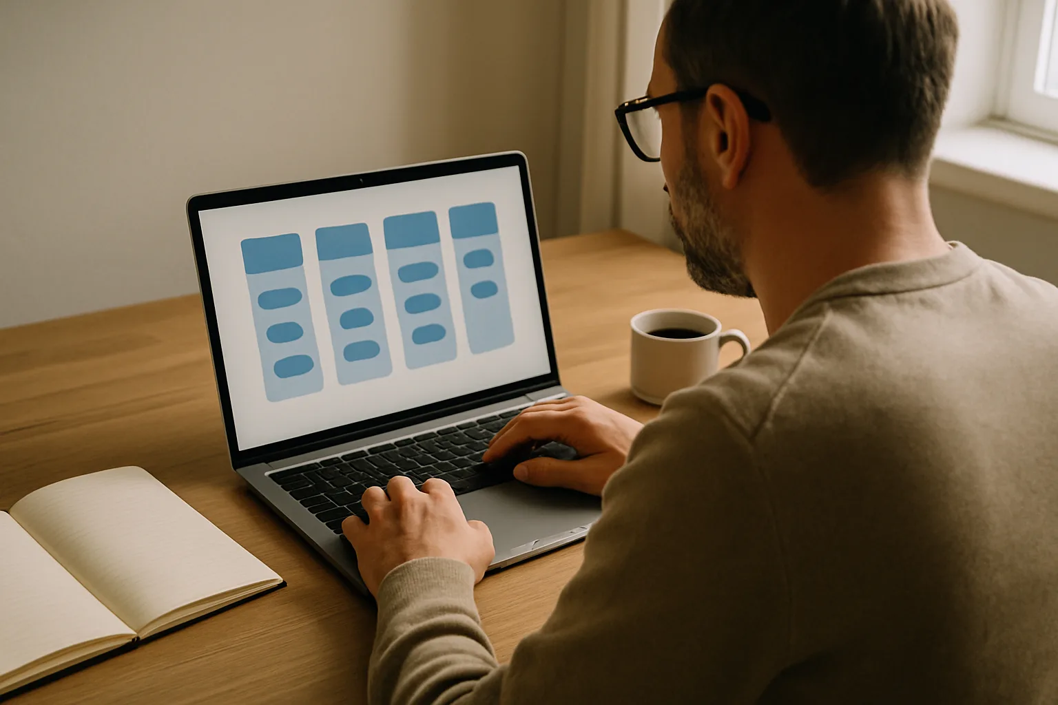 Une entrepreneuse consulte un outil de suivi commercial sur son ordinateur, dans un petit bureau.